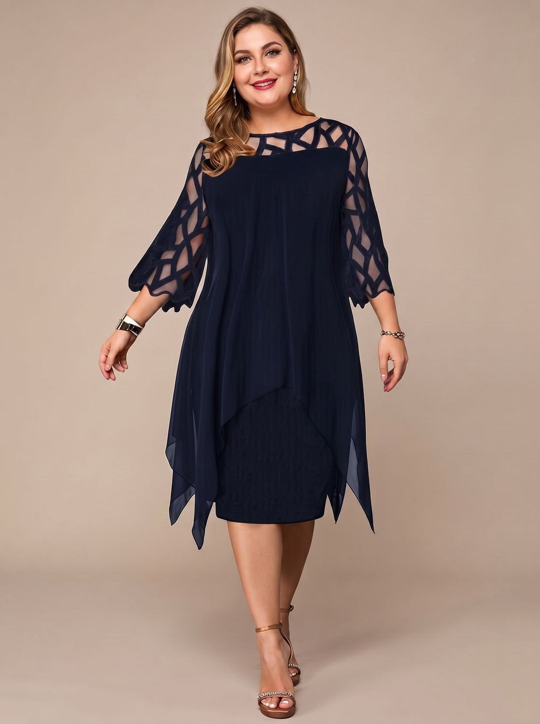 Women's Plus Size Lace-Yoke Chiffon Overlay Midi Dress - Deep Blue