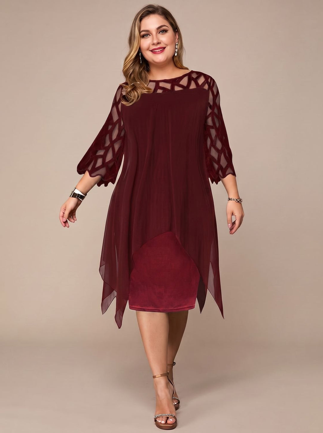 Women's Plus Size Lace-Yoke Chiffon Overlay Midi Dress - Red Wine