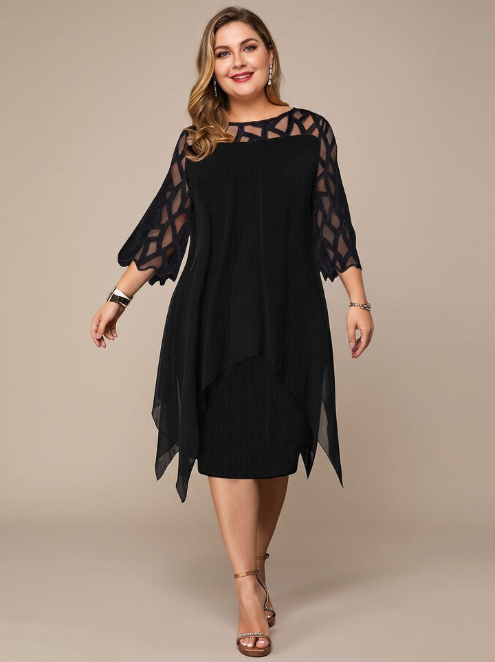 Women's Plus Size Lace-Yoke Chiffon Overlay Midi Dress - Black