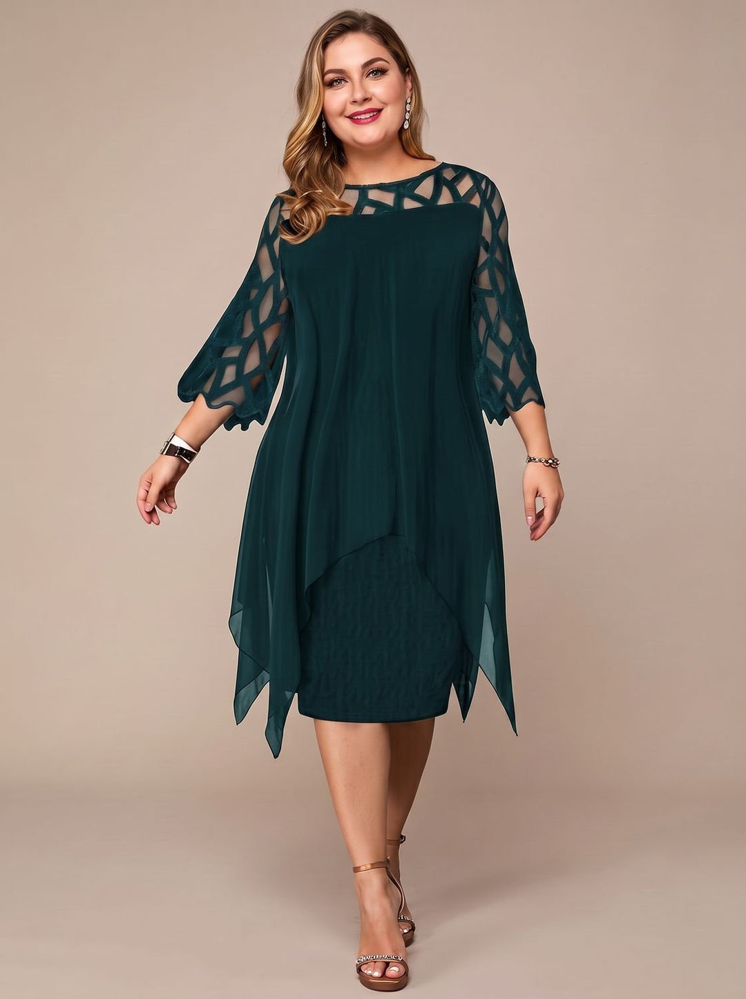 Women's Plus Size Lace-Yoke Chiffon Overlay Midi Dress - Green