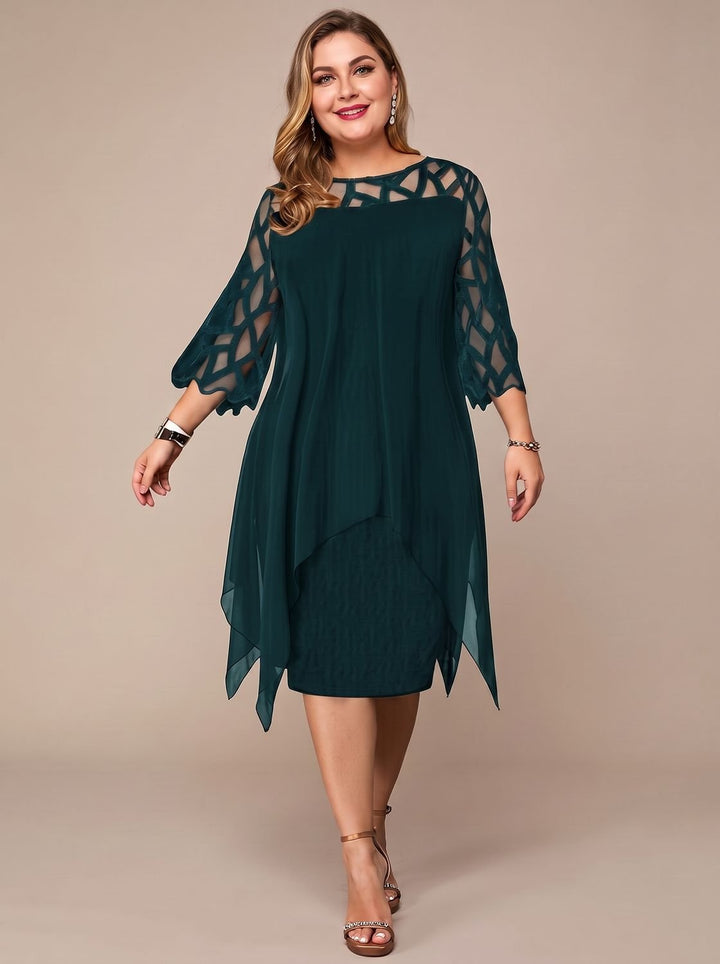 Women's Plus Size Lace-Yoke Chiffon Overlay Midi Dress - Green