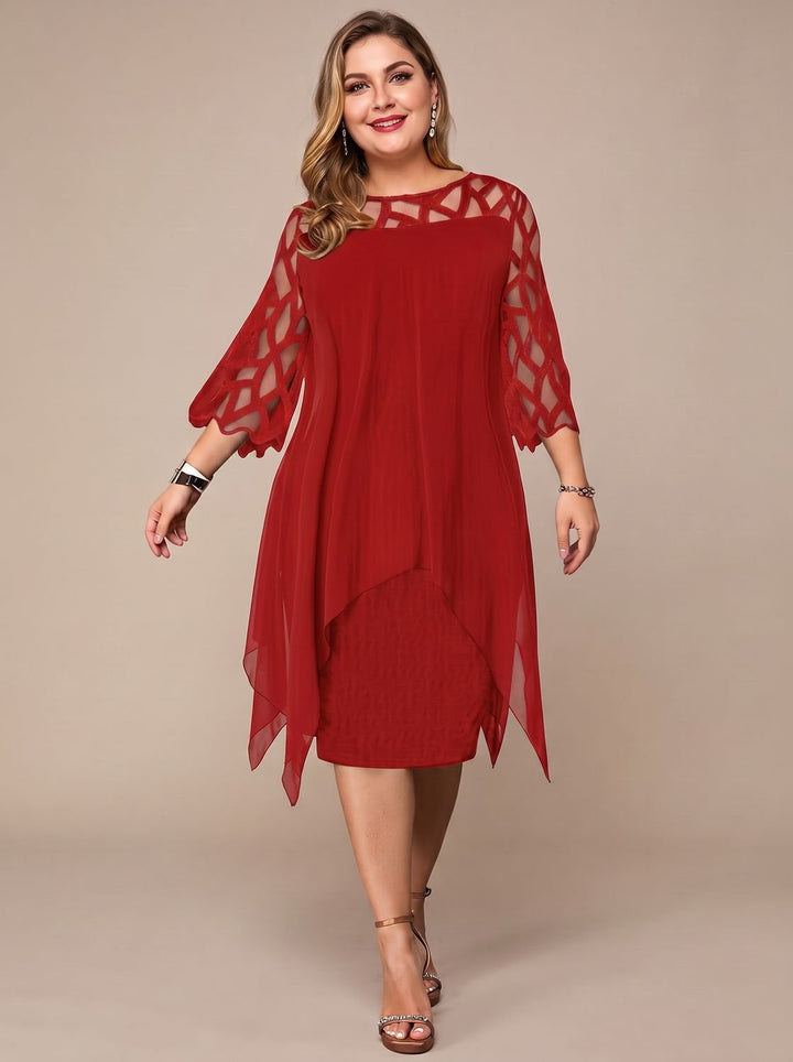 Women's Plus Size Lace-Yoke Chiffon Overlay Midi Dress - Red