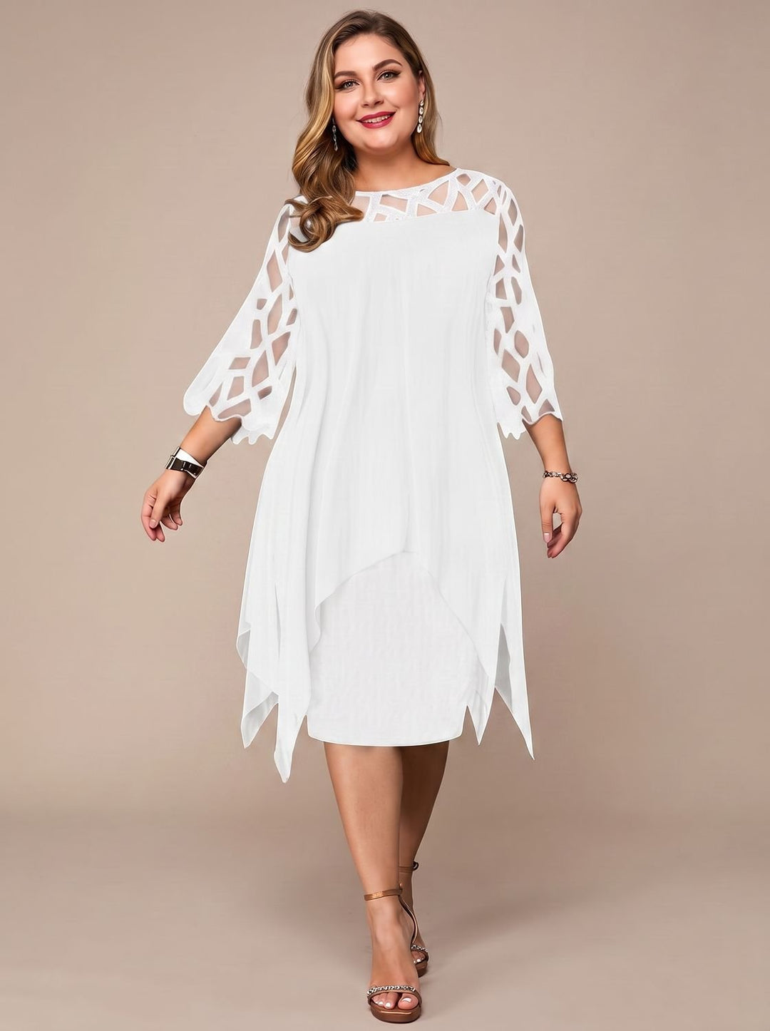 Women's Plus Size Lace-Yoke Chiffon Overlay Midi Dress - White