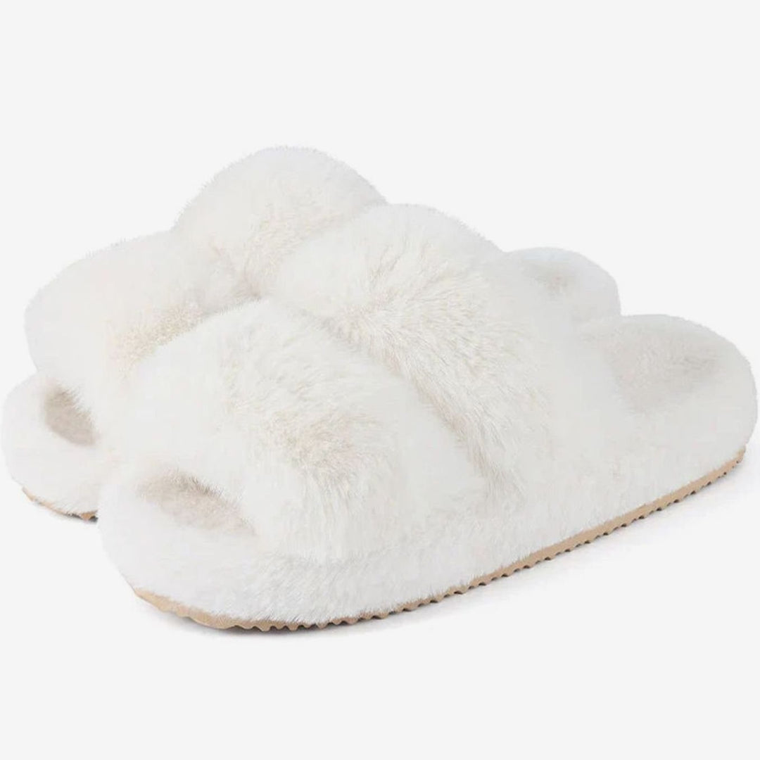 Women's Plush Faux Fur Open-Toe Slide Slippers - White