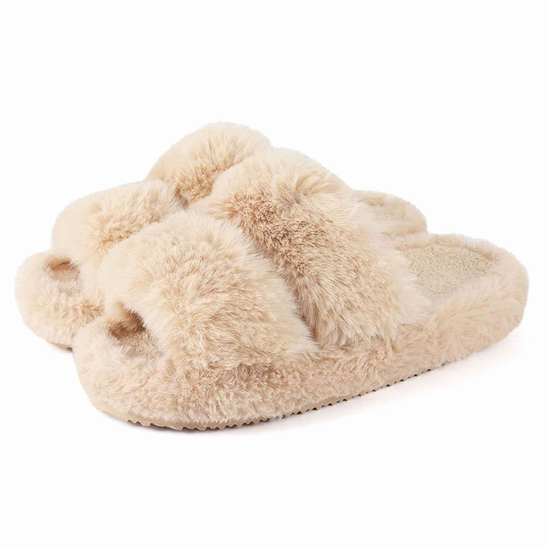 Women's Plush Faux Fur Open-Toe Slide Slippers - Beige