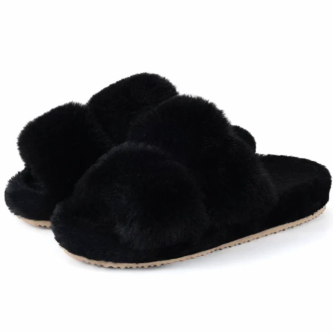Women's Plush Faux Fur Open-Toe Slide Slippers - Black