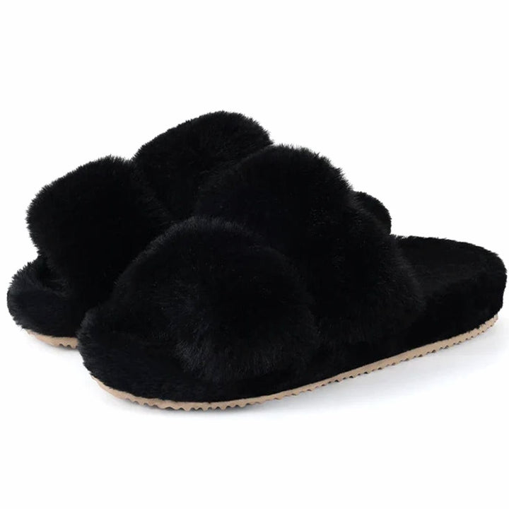 Women's Plush Faux Fur Open-Toe Slide Slippers - Black