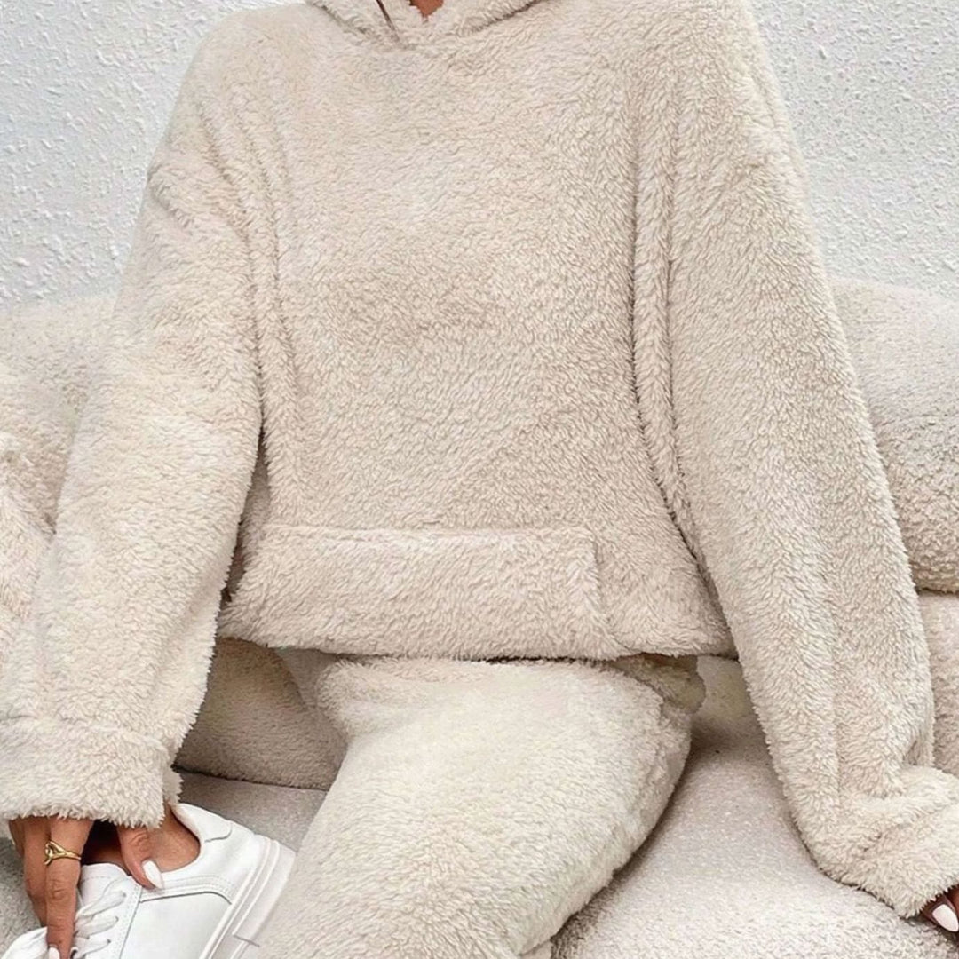 Women's Plush Fleece Hoodie Relaxed-Fit Two-Piece Set - Beige