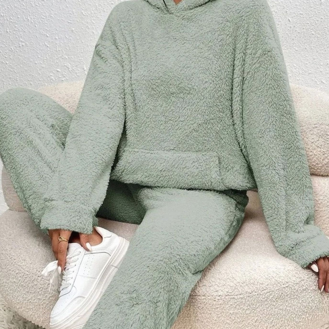 Women's Plush Fleece Hoodie Relaxed-Fit Two-Piece Set - Green