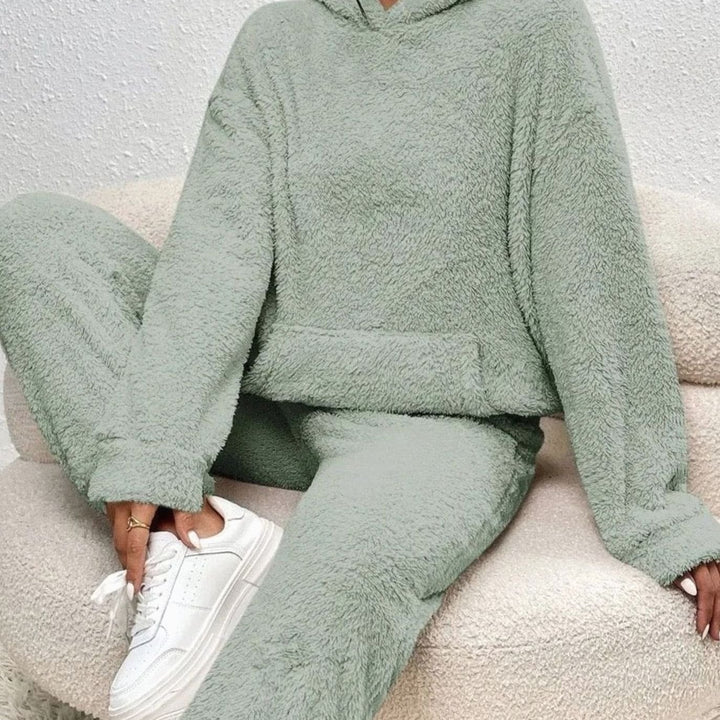 Women's Plush Fleece Hoodie Relaxed-Fit Two-Piece Set - Green