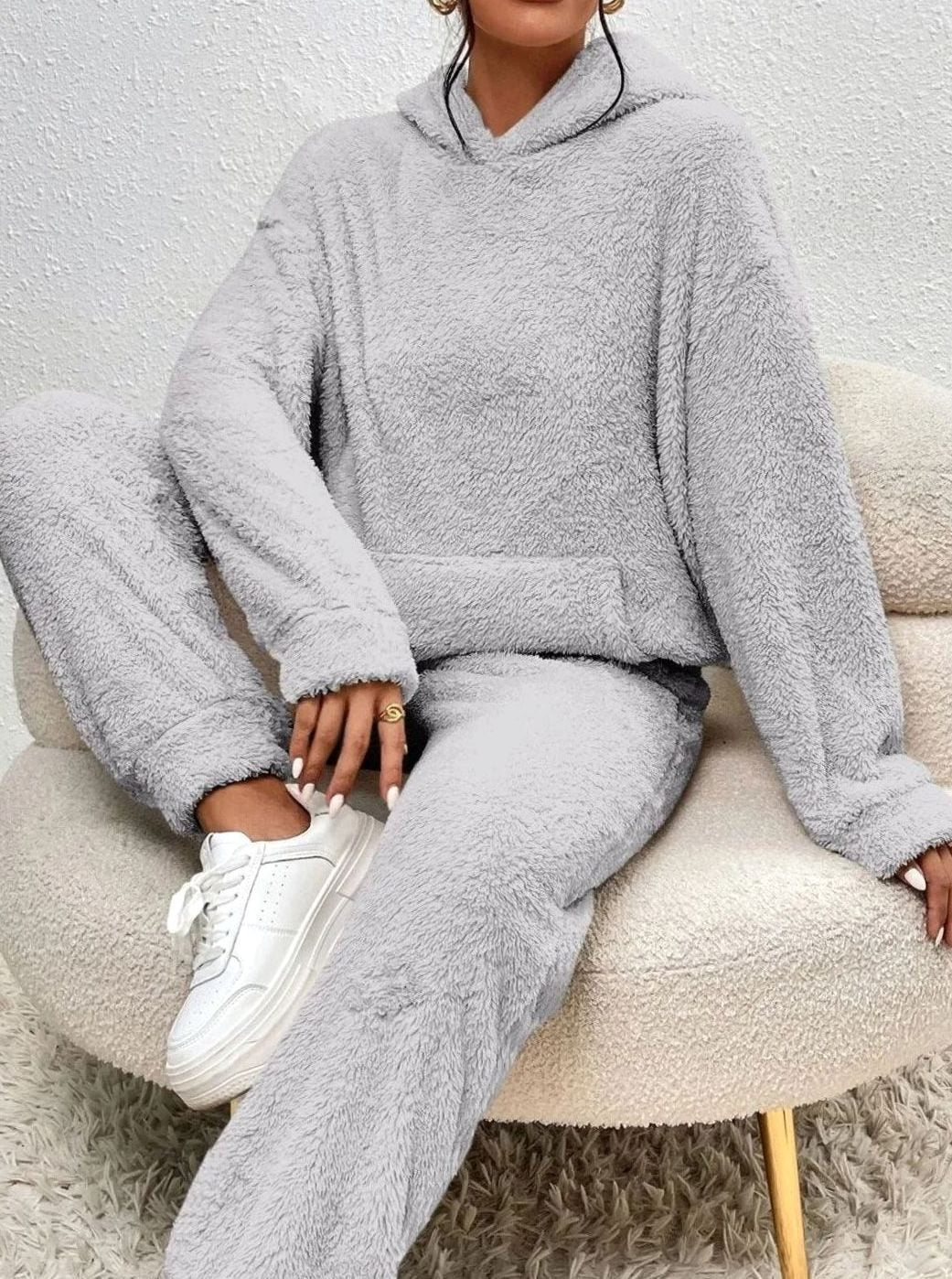 Women's Plush Fleece Hoodie Relaxed-Fit Two-Piece Set - Grey