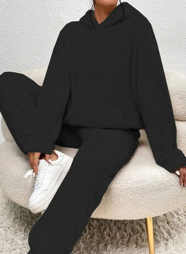 Women's Plush Fleece Hoodie Relaxed-Fit Two-Piece Set - Black