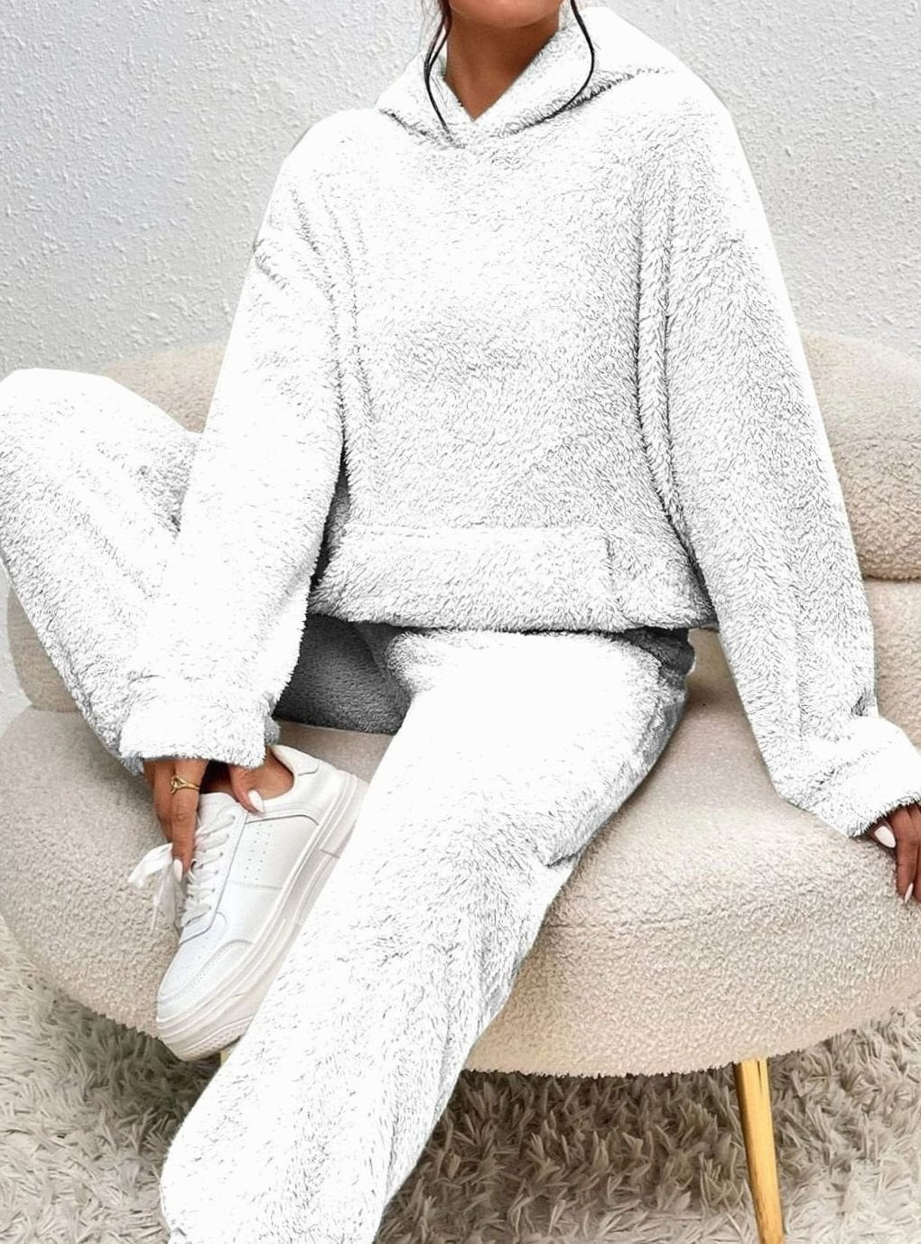 Women's Plush Fleece Hoodie Relaxed-Fit Two-Piece Set - White