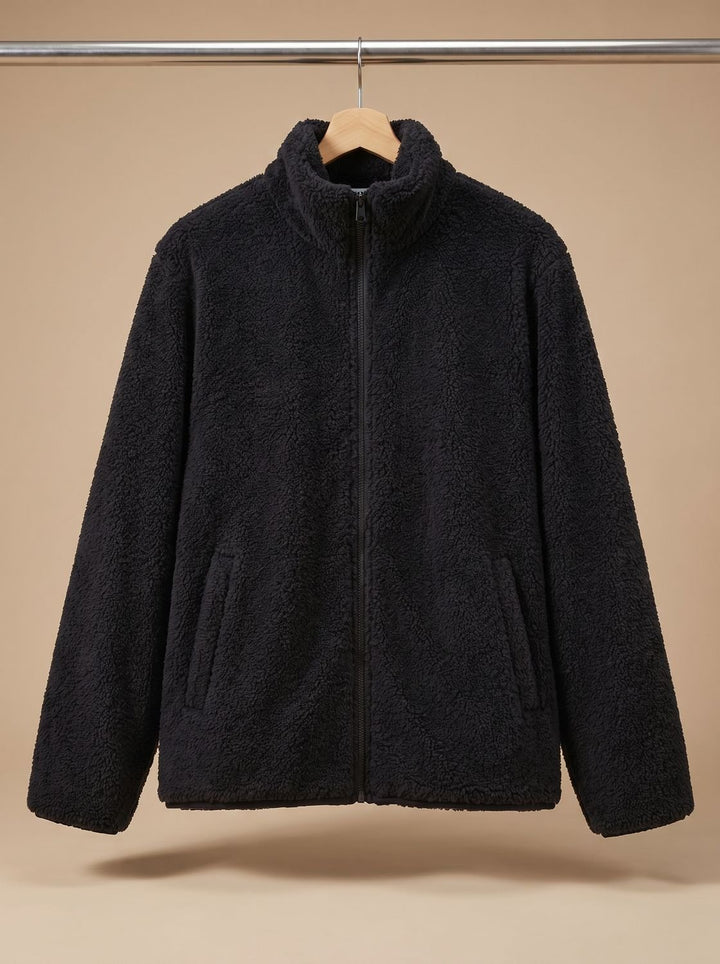 Women's Plush Full-Zip Fleece Jacket Stand Collar - Black