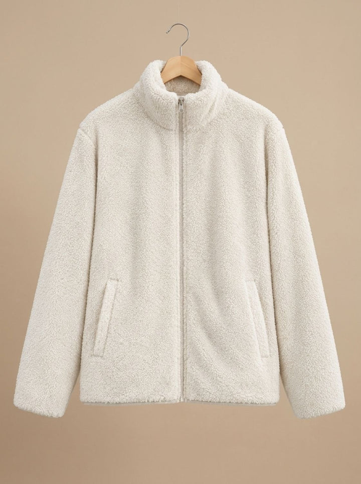 Women's Plush Full-Zip Fleece Jacket Stand Collar - White