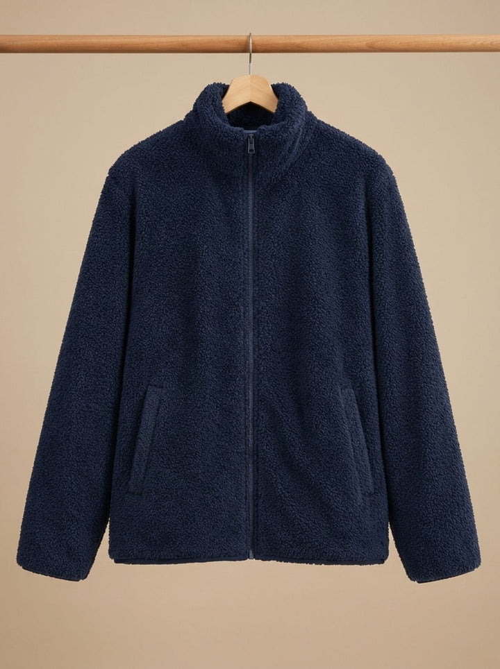 Women's Plush Full-Zip Fleece Jacket Stand Collar - Navy Blue