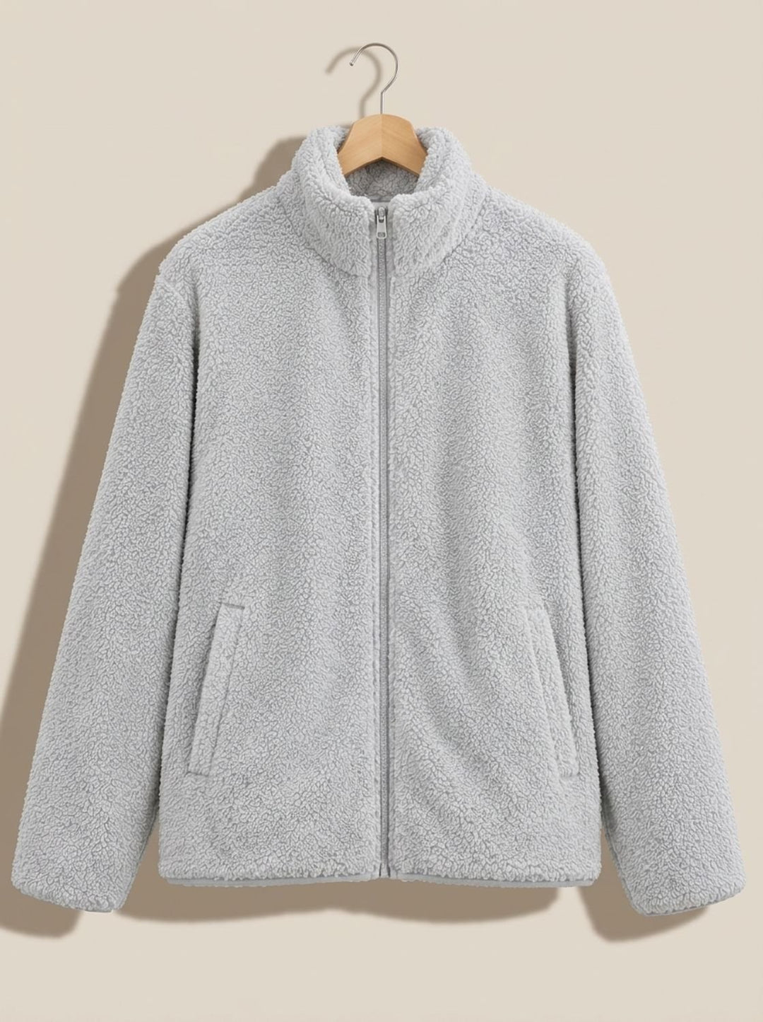 Women's Plush Full-Zip Fleece Jacket Stand Collar - Light Gray