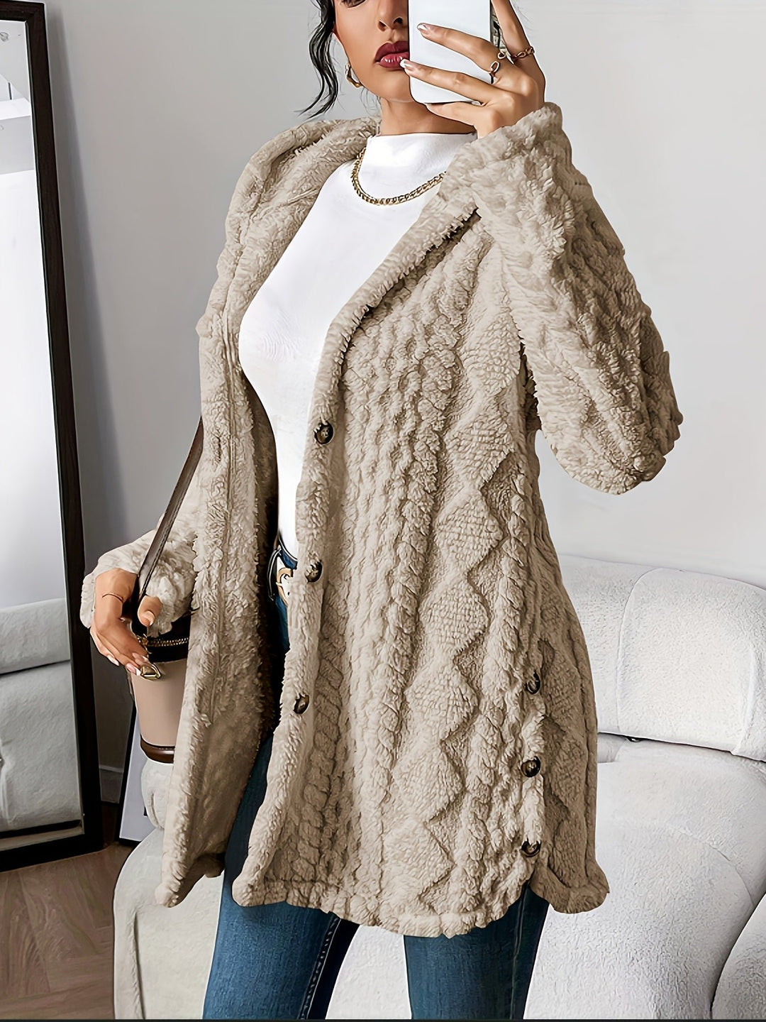 Women's Plush Hooded Button-Front Long Cardigan - Khaki