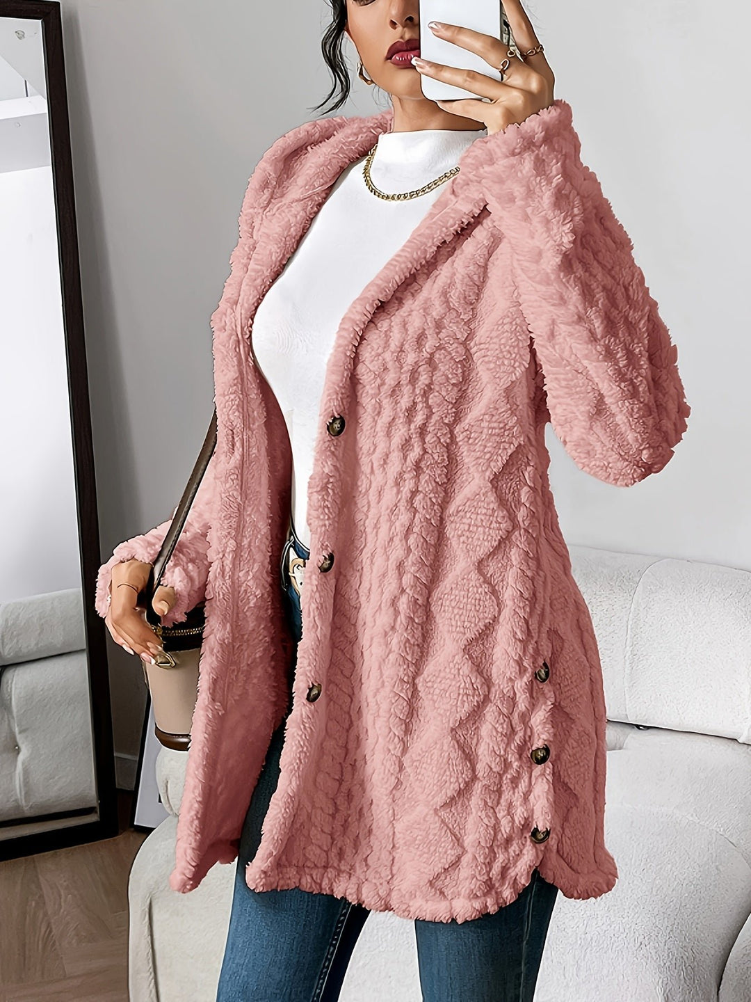 Women's Plush Hooded Button-Front Long Cardigan - Pink