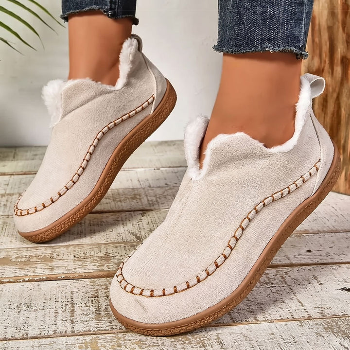 Women's Plush-Lined Slip-On Suede Flat Loafer Shoes - Beige
