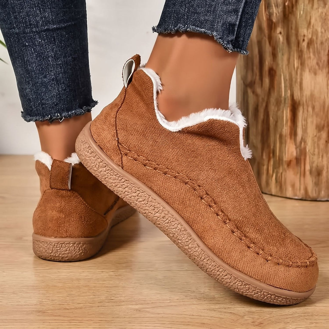 Women's Plush-Lined Slip-On Suede Flat Loafer Shoes - Brown