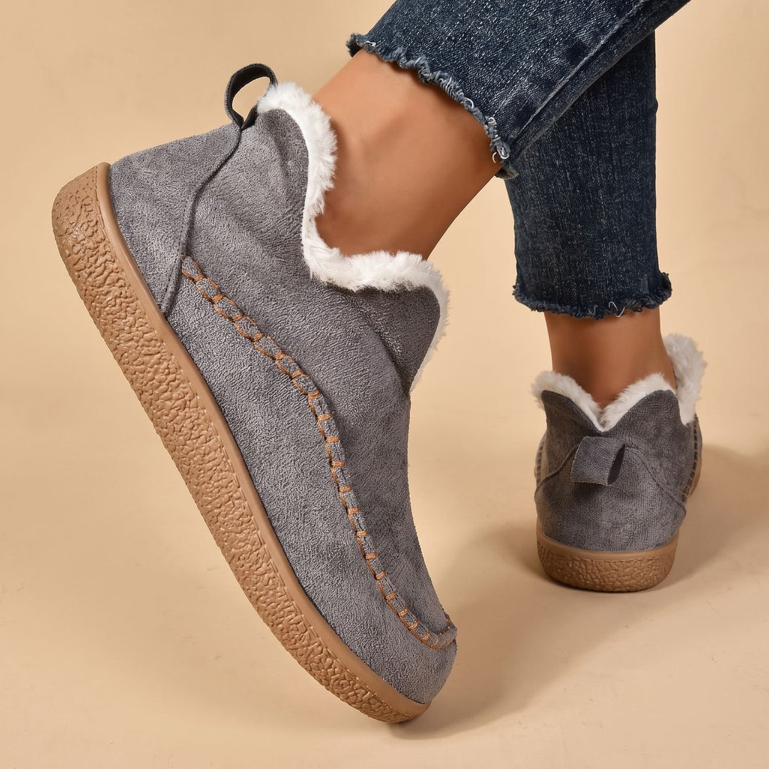 Women's Plush-Lined Slip-On Suede Flat Loafer Shoes - Gray