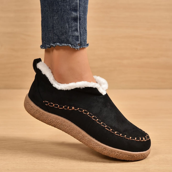 Women's Plush-Lined Slip-On Suede Flat Loafer Shoes - Black