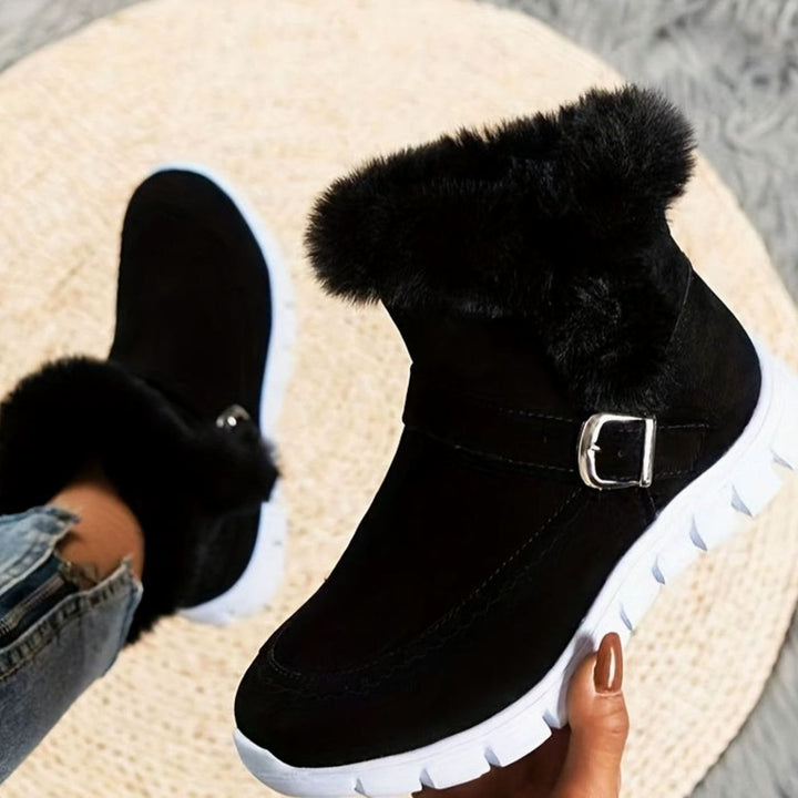 Women's Plush-Trimmed Buckle Ankle Snow Boots - Black