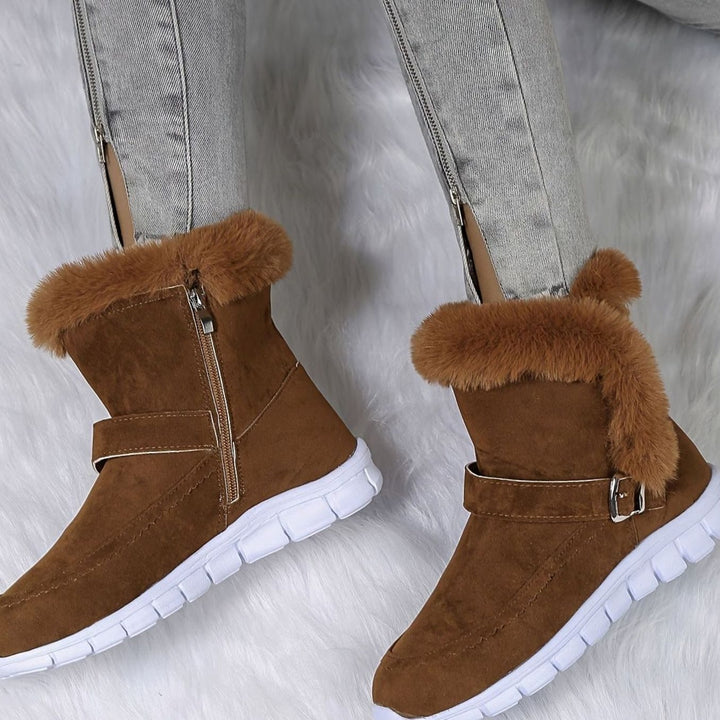 Women's Plush-Trimmed Buckle Ankle Snow Boots - Brown