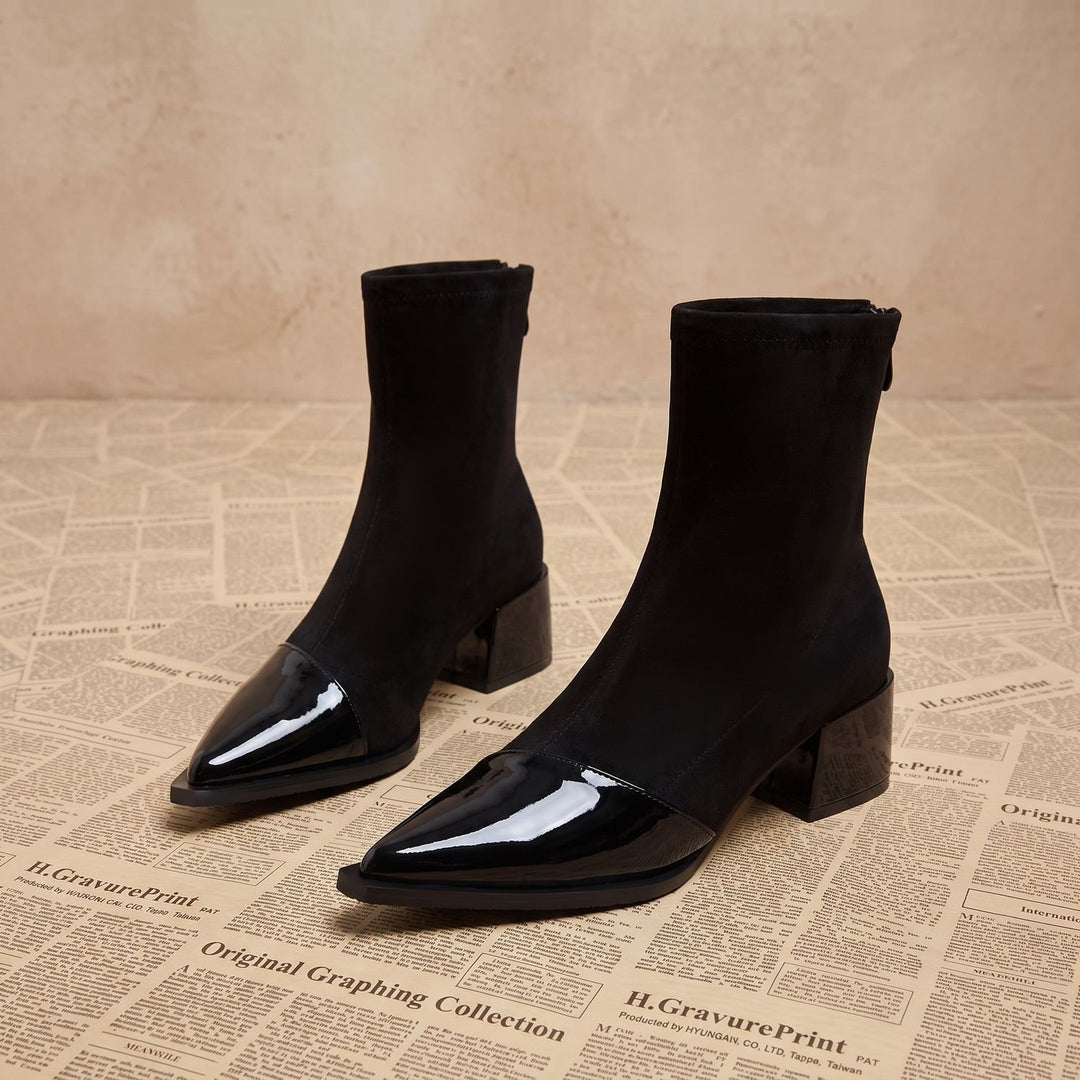 Women's Pointed-Toe Block-Heel Ankle Boots Side-Zip - Black