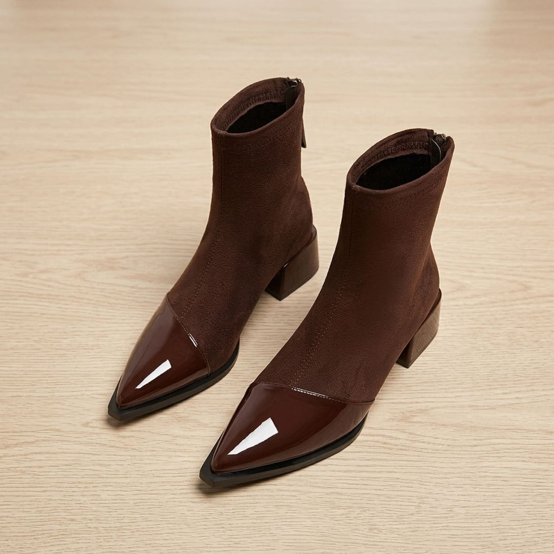 Women's Pointed-Toe Block-Heel Ankle Boots Side-Zip - Brown