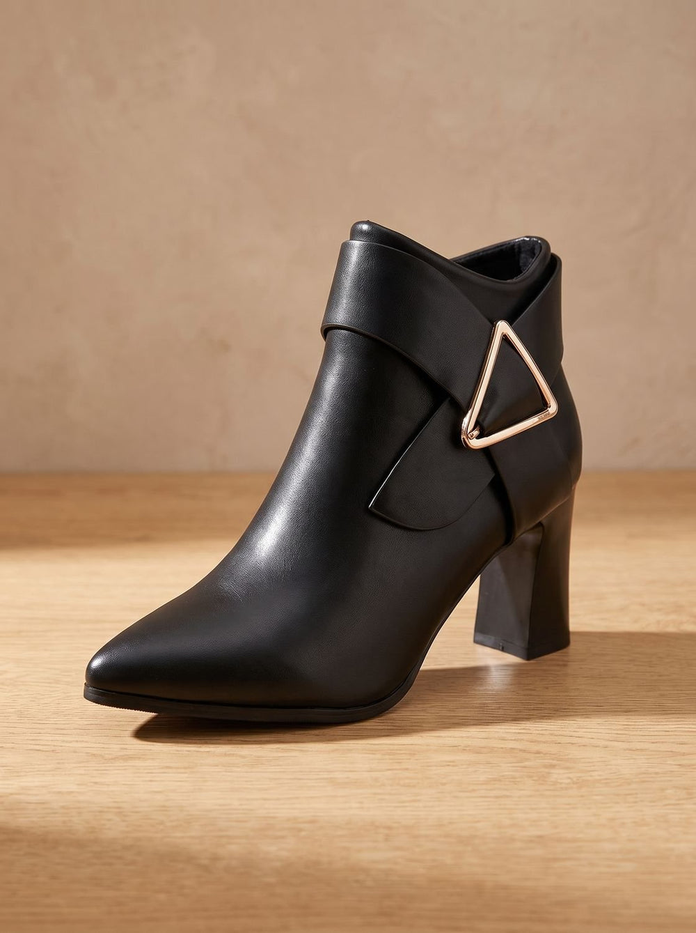 Women's Pointed-Toe Block Heel Ankle Boots Triangle Buckle - Black