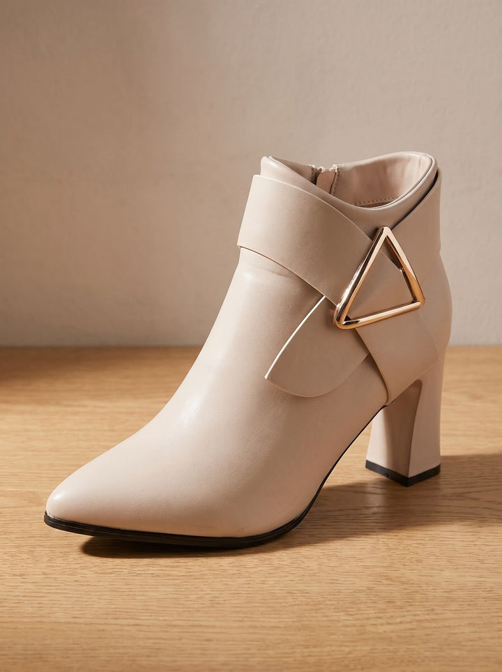 Women's Pointed-Toe Block Heel Ankle Boots Triangle Buckle - Beige