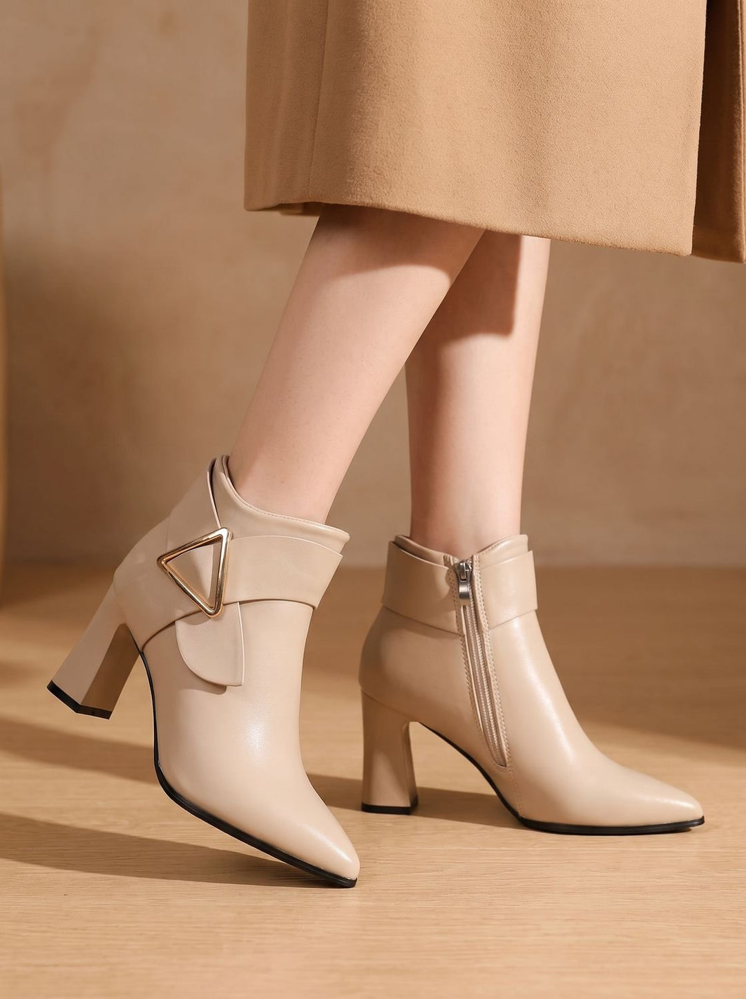 Women's Pointed-Toe Block Heel Ankle Boots Triangle Buckle