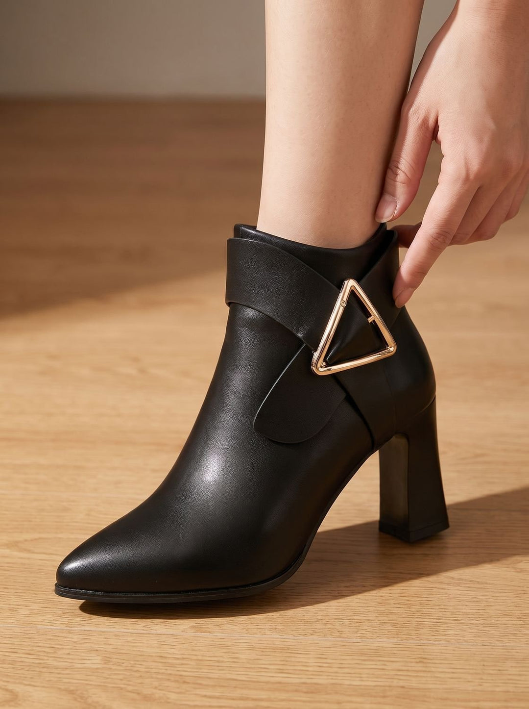 Women's Pointed-Toe Block Heel Ankle Boots Triangle Buckle