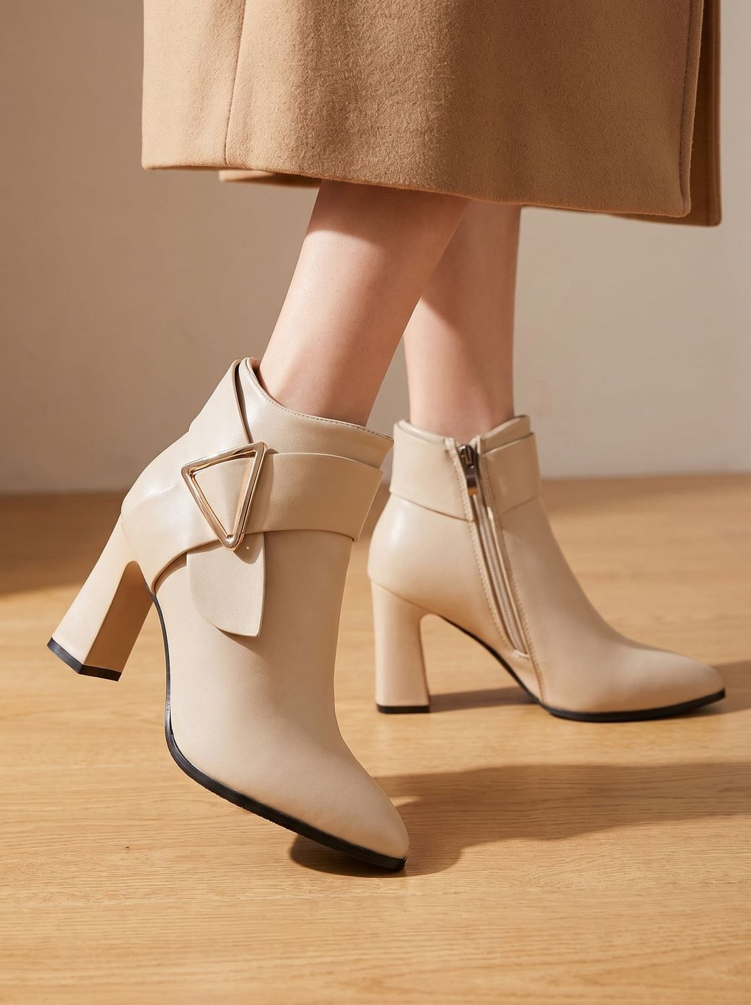 Women's Pointed-Toe Block Heel Ankle Boots Triangle Buckle