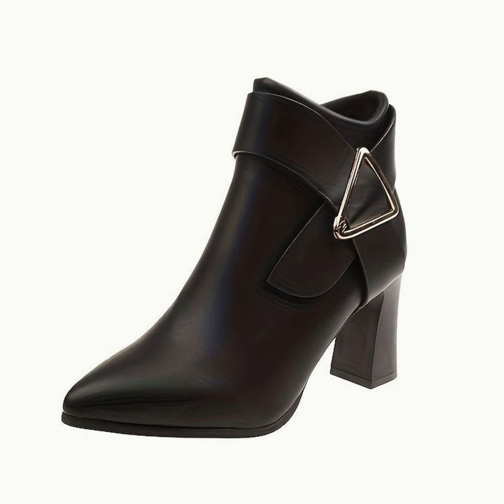 Women's Pointed-Toe Block Heel Ankle Boots with Buckle Detail - Black