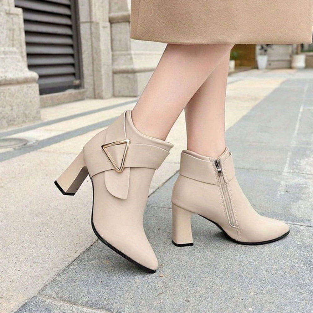 Women's Pointed-Toe Block Heel Ankle Boots with Buckle Detail