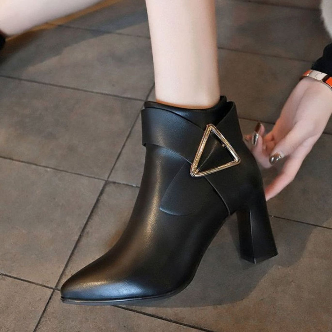 Women's Pointed-Toe Block Heel Ankle Boots with Buckle Detail