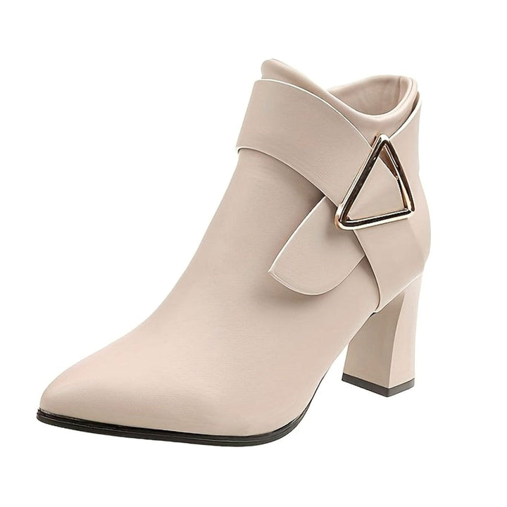 Women's Pointed-Toe Block Heel Ankle Boots with Buckle Detail - Beige