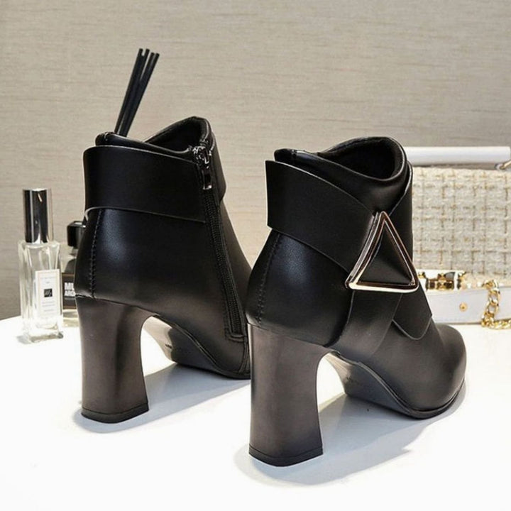 Women's Pointed-Toe Block Heel Ankle Boots with Buckle Detail