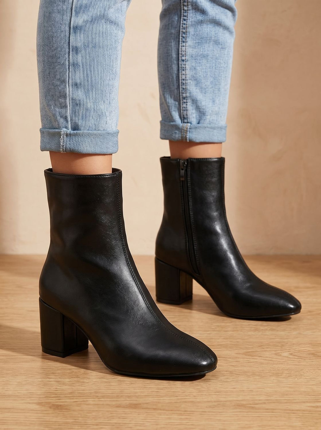 Women's Pointed-Toe Block-Heel Side-Zip Ankle Boots - Black
