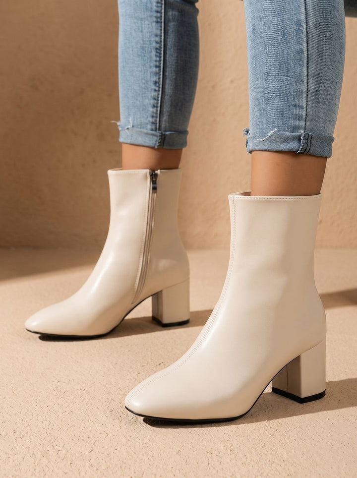 Women's Pointed-Toe Block-Heel Side-Zip Ankle Boots - Beige