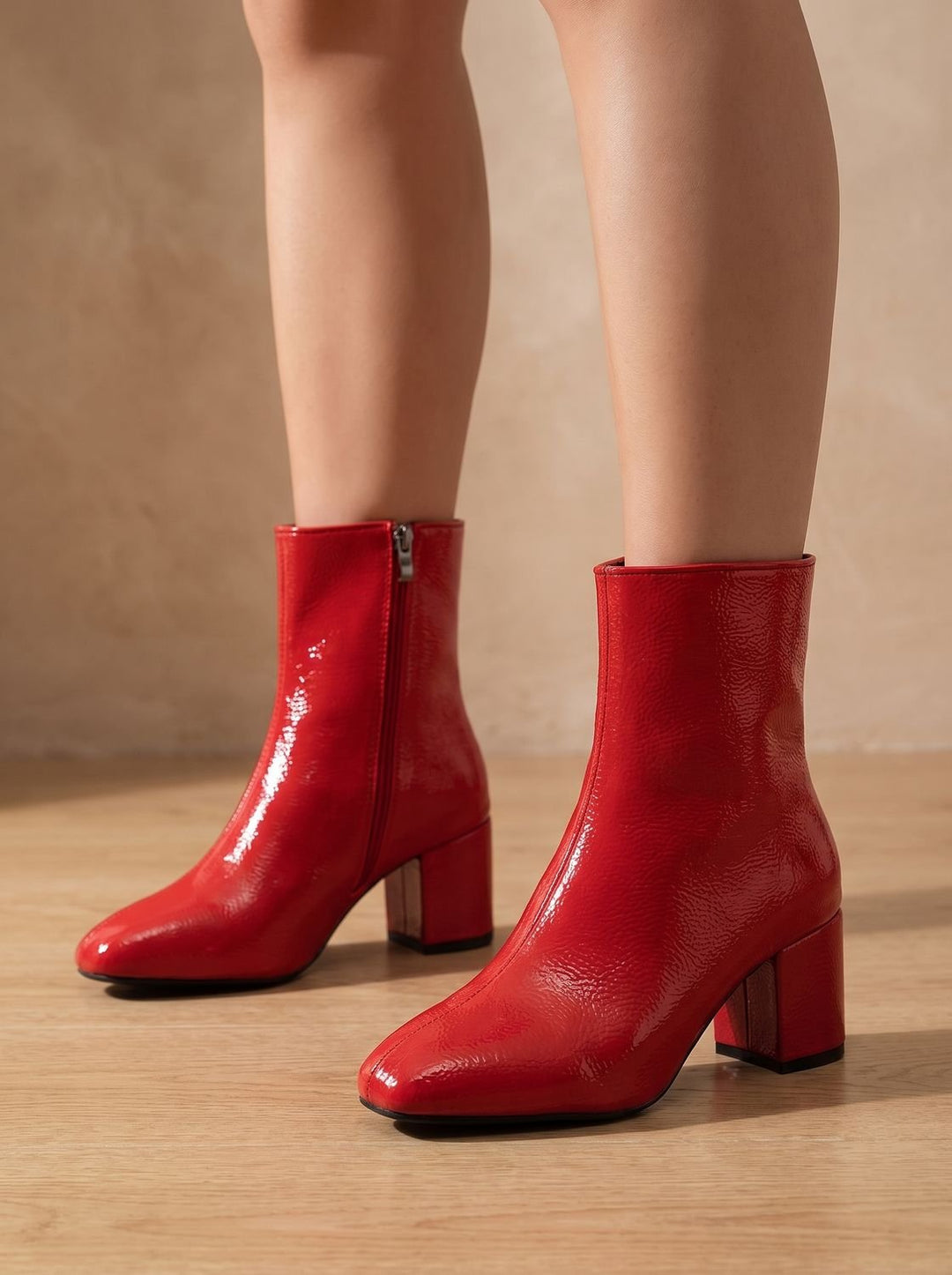 Women's Pointed-Toe Block-Heel Side-Zip Ankle Boots - Red