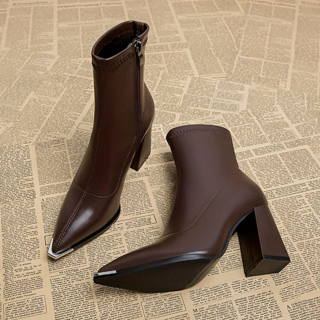 Women's Pointed-Toe Chunky Heel Side-Zip Ankle Booties - Burgundy