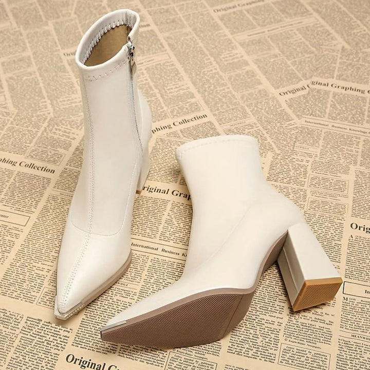 Women's Pointed-Toe Chunky Heel Side-Zip Ankle Booties - Beige