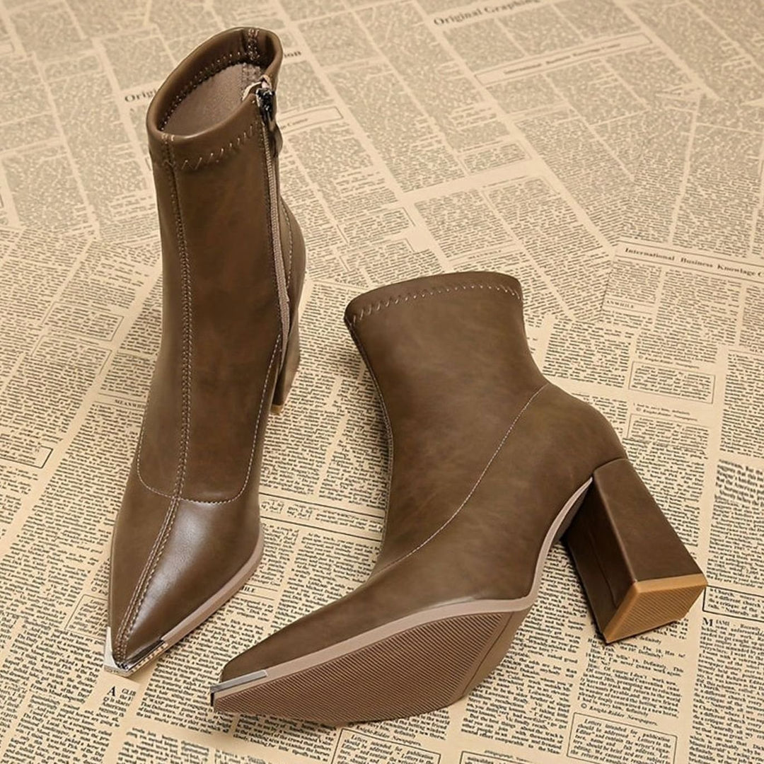 Women's Pointed-Toe Chunky Heel Side-Zip Ankle Booties - Khaki