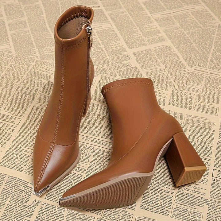 Women's Pointed-Toe Chunky Heel Side-Zip Ankle Booties - Rust