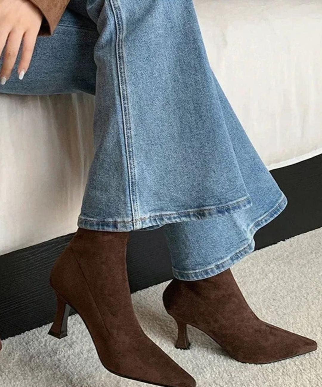 Women's Pointed Toe Kitten Heel Sock Ankle Boots - Brown