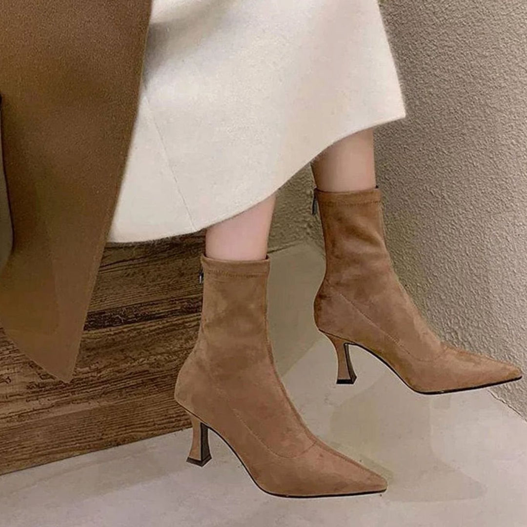 Women's Pointed Toe Kitten Heel Sock Ankle Boots - Khaki